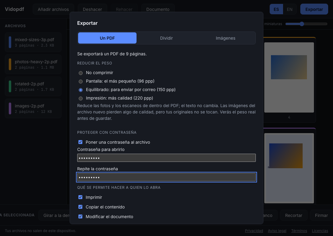 Vidopdf export with compression and password