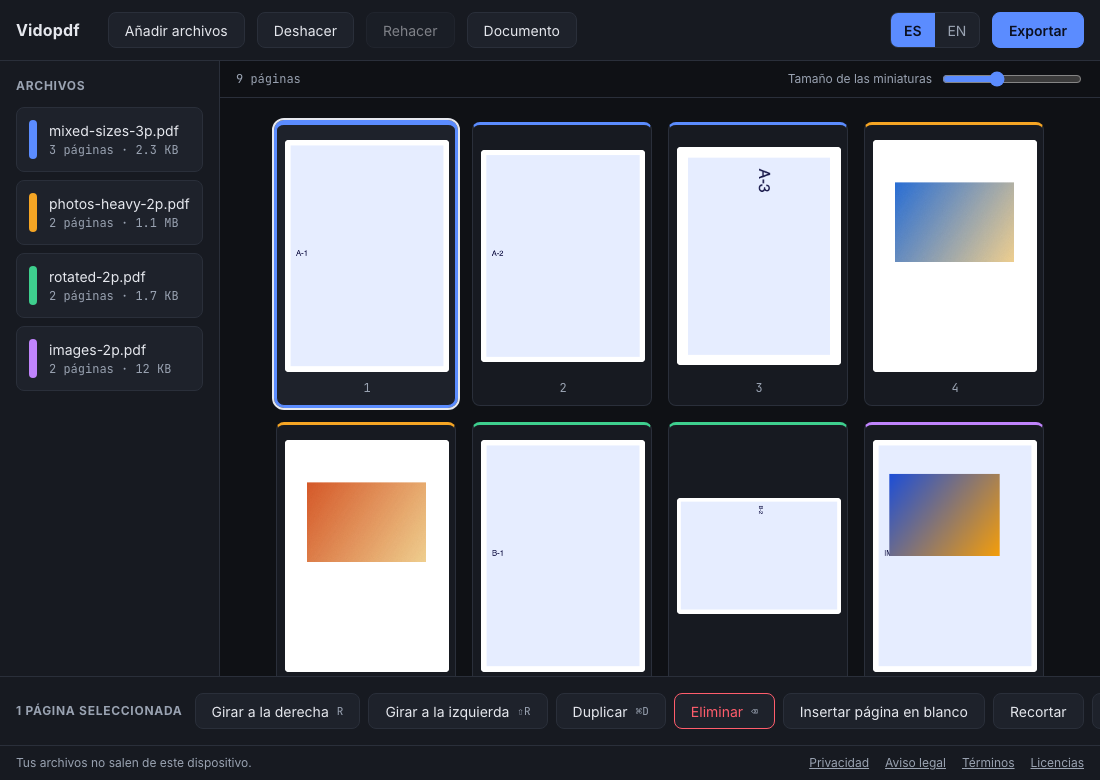 Vidopdf workspace with page thumbnails